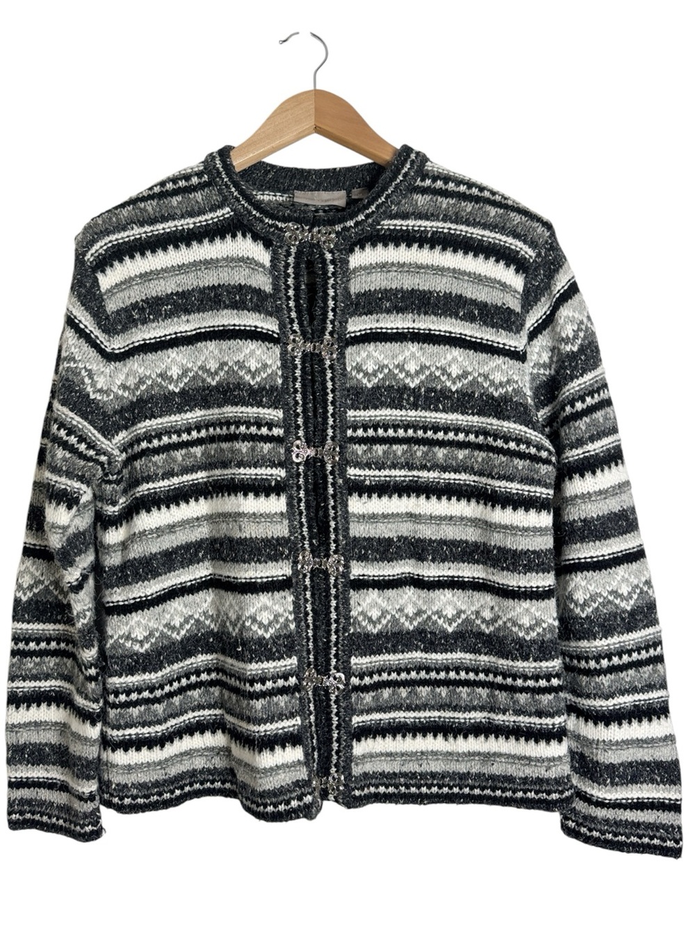 Vintage Nordic Fair Isle Wool Blend Sweater Cardigan w/hook-and-eye fastening M